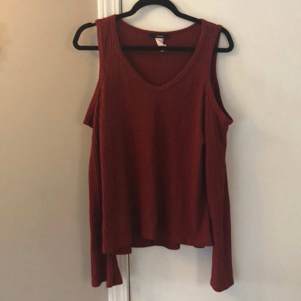 Cold shoulder waffle knit sweater